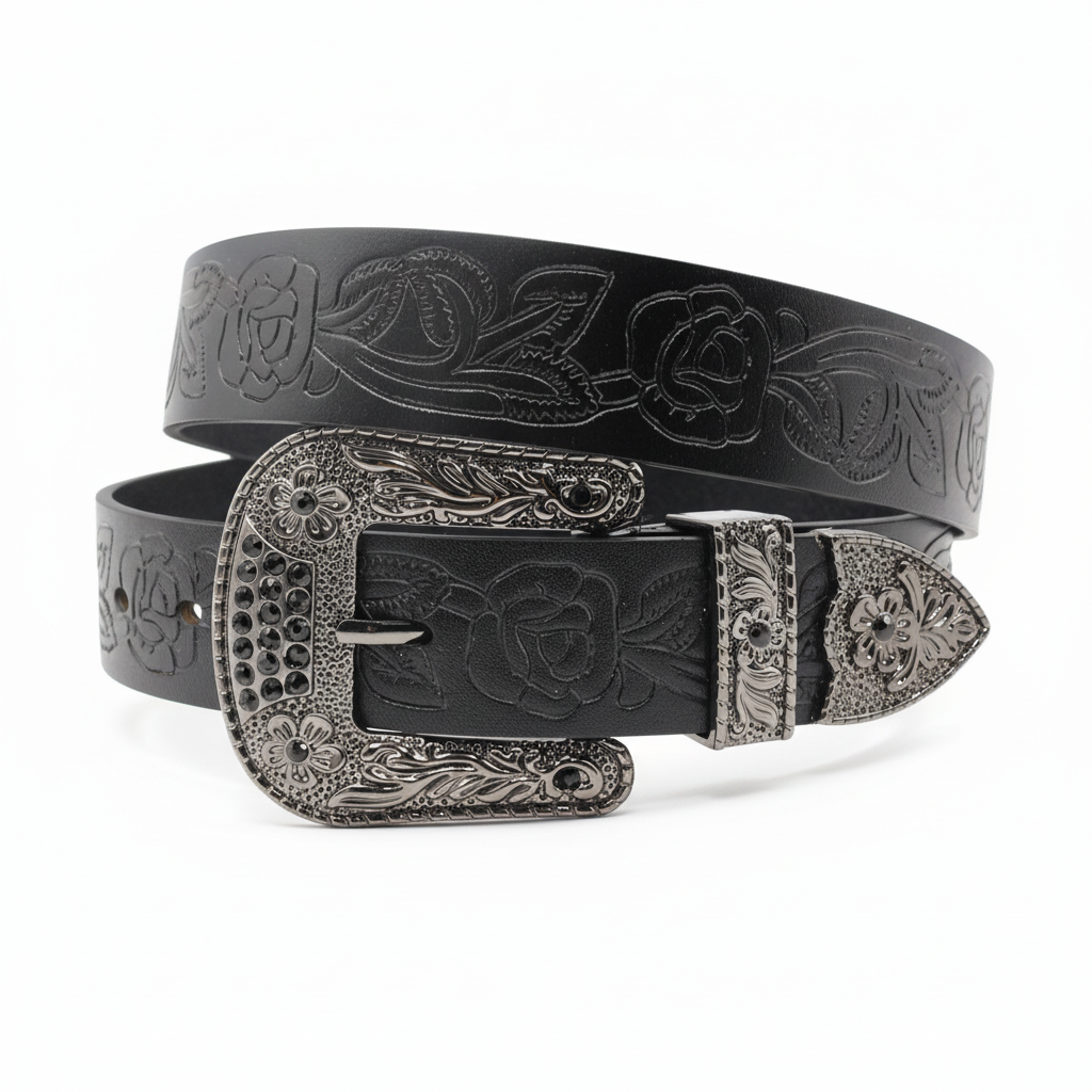 Ceinture homme Chardon noire en cuir grainé avec motif floral embossé et boucle ardillon argentée ornée de strass.