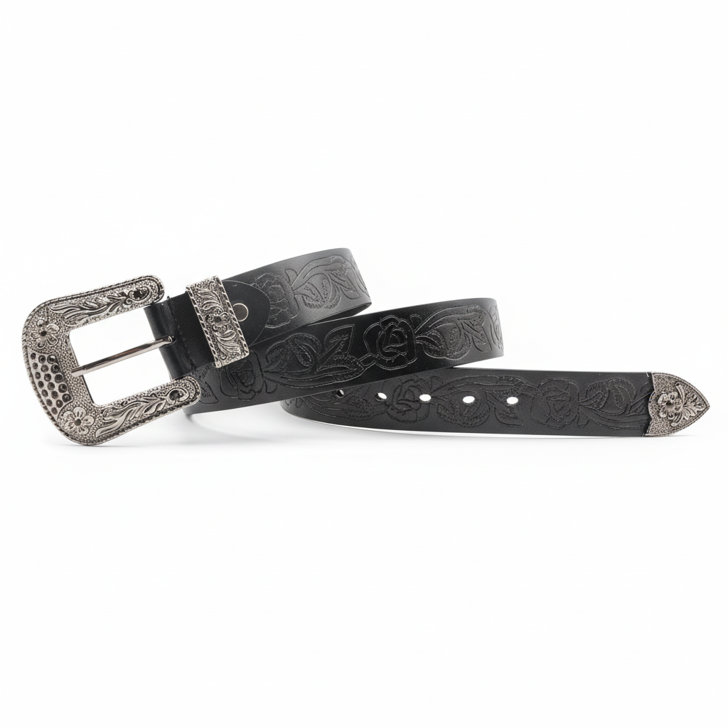 Ceinture homme Chardon noire en cuir avec motif floral embossé et boucle ardillon argentée ornée d'un strass. #fullwidth