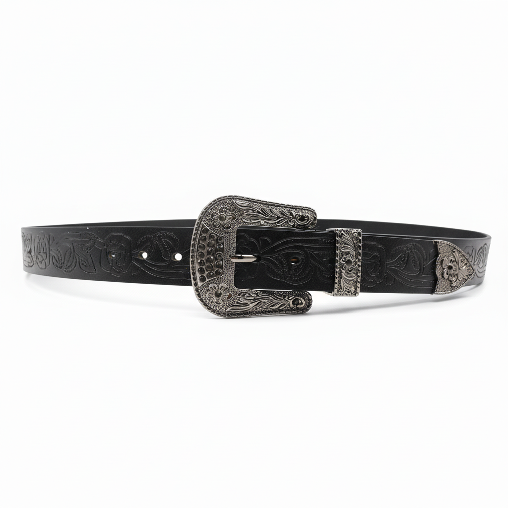 Ceinture homme Chardon noire en cuir pleine fleur avec motif floral embossé et boucle argentée ornée d'un strass