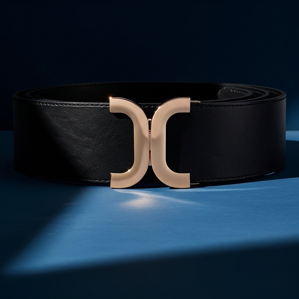 Ceinture noire en cuir pour femme, modèle Charisma, avec une boucle dorée distinctive en forme de double C incurvée. #fullwidth