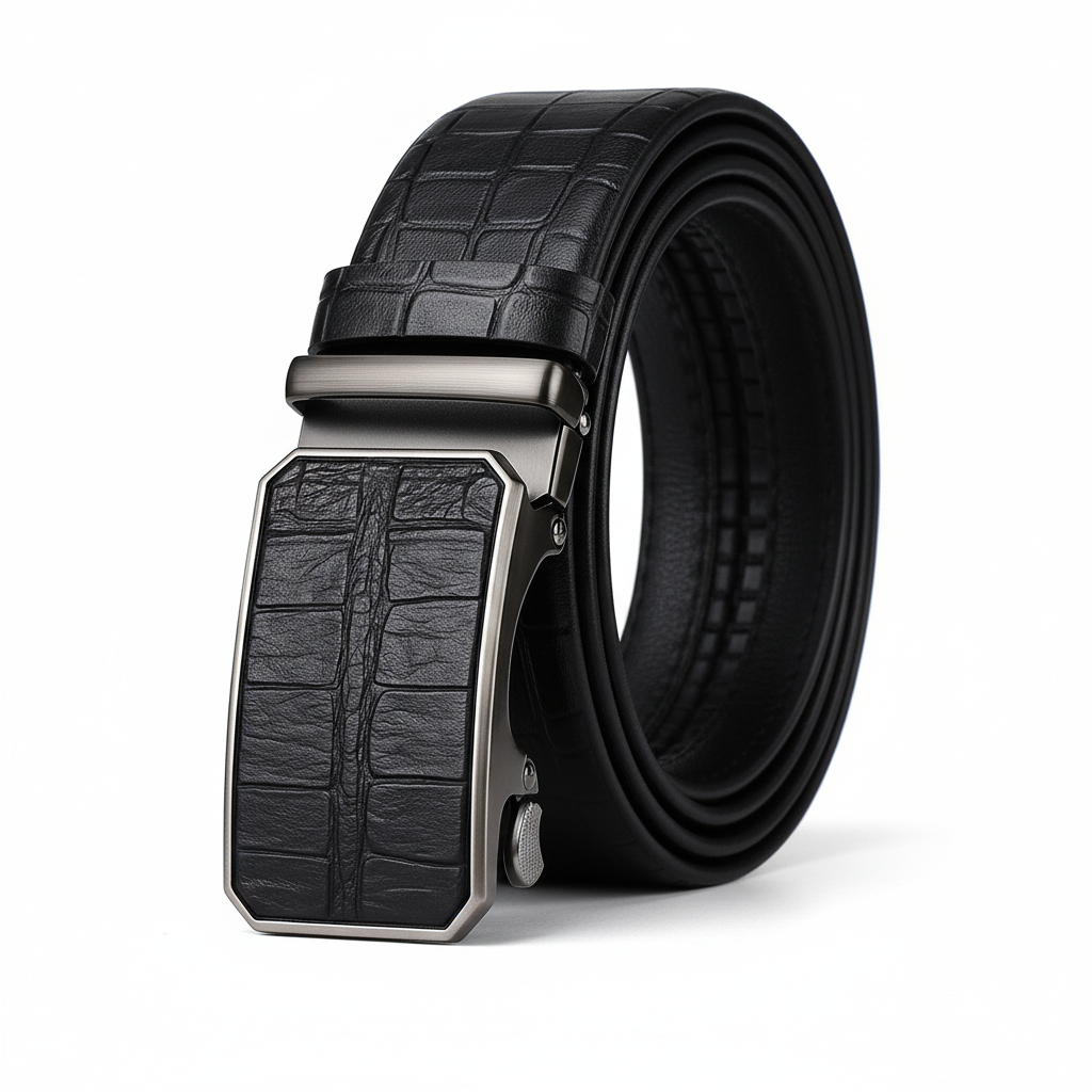 Ceinture homme Charles en cuir noir avec motif crocodile embossé et boucle automatique rectangulaire argentée