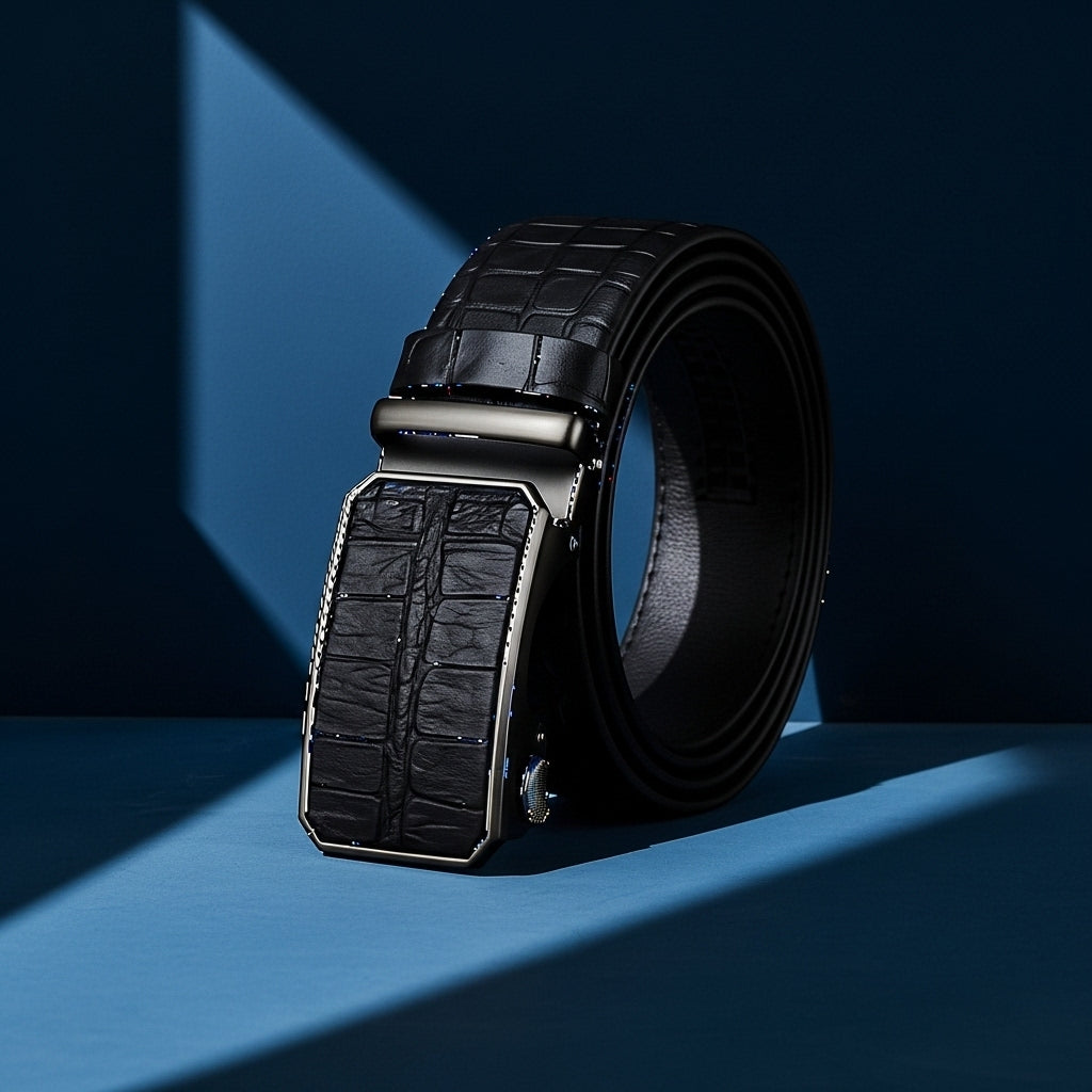 Ceinture homme Charles en cuir noir avec motif crocodile embossé et boucle automatique rectangulaire en métal zinc argenté #fullwidth
