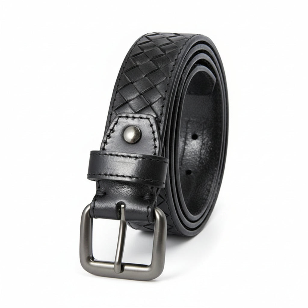 Ceinture homme Charonne en cuir noir tressé avec boucle ardillon carrée en alliage gris foncé