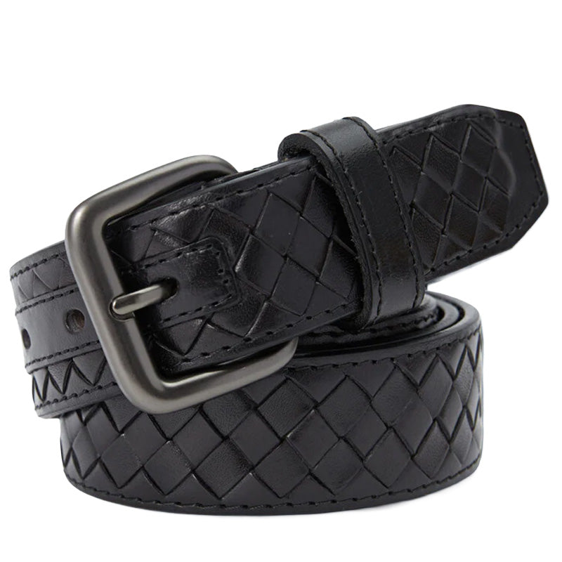 Ceinture homme Charonne en cuir pleine fleur tressé noir, avec boucle ardillon rectangulaire grise #fullwidth