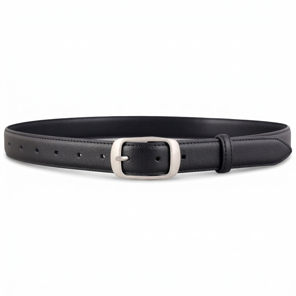 Ceinture femme Cheverny en cuir noir lisse avec boucle ardillon rectangulaire aux angles arrondis en métal argenté