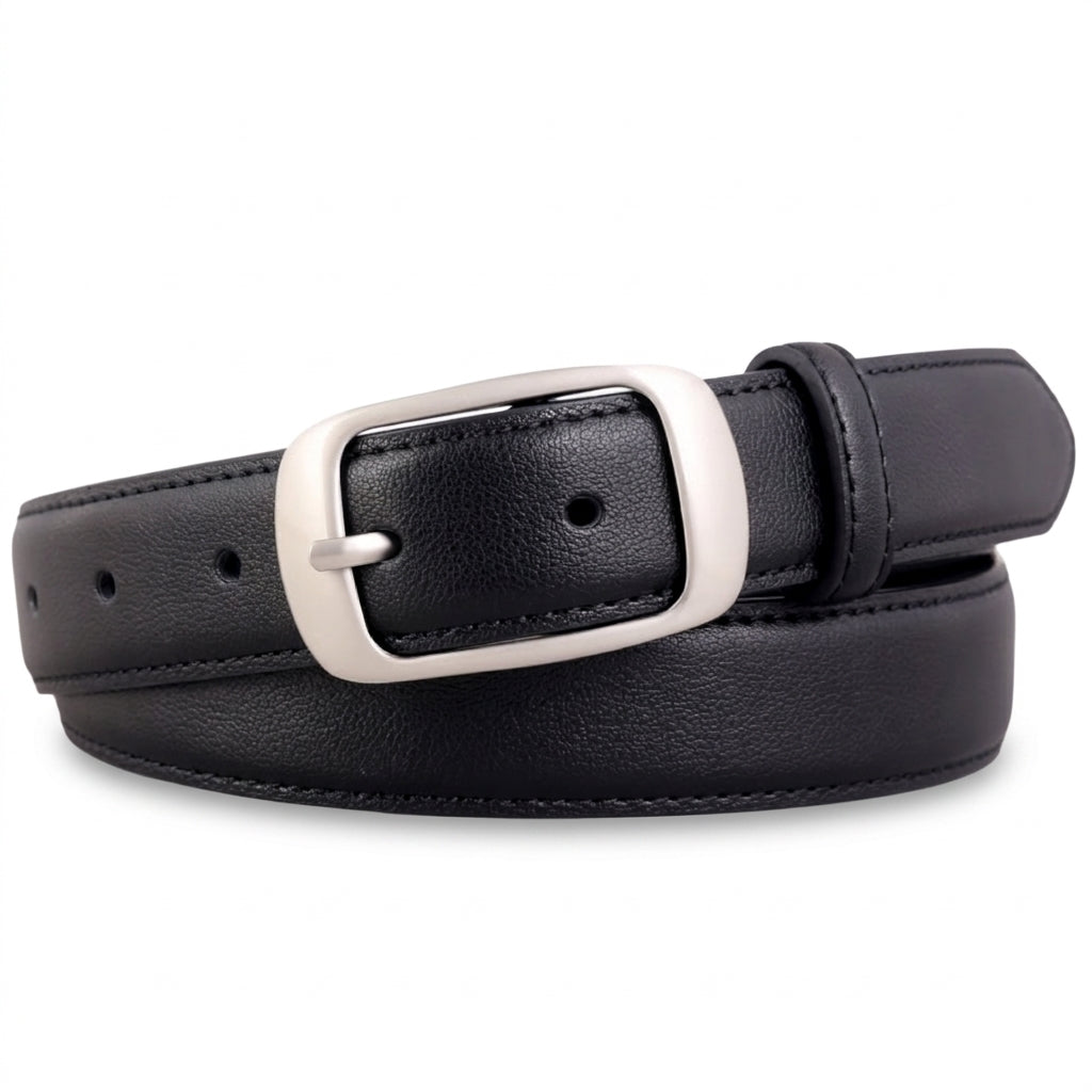 Ceinture femme Cheverny en cuir noir lisse avec boucle ardillon rectangulaire aux angles arrondis finition argentée