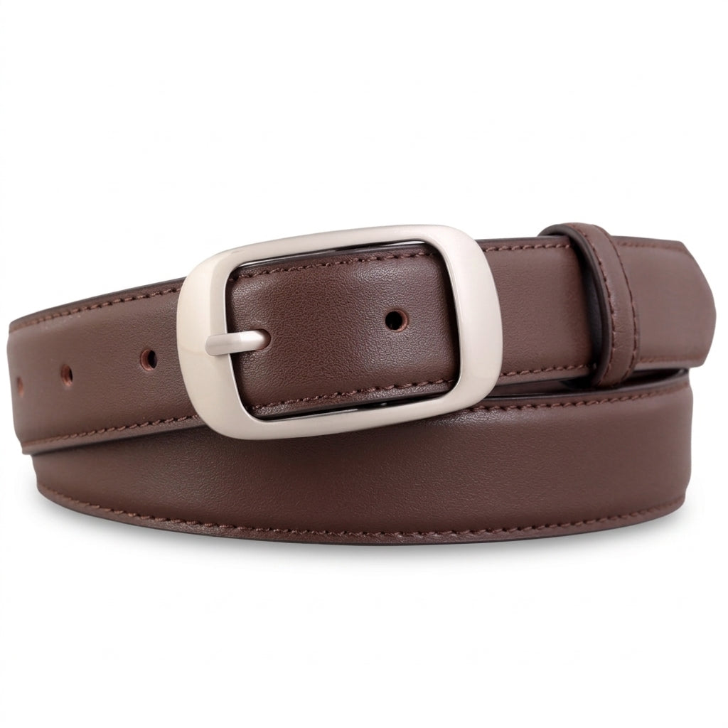 Ceinture femme Cheverny en cuir marron lisse avec boucle ardillon carrée argentée, accessoire de mode élégant et ajustable.