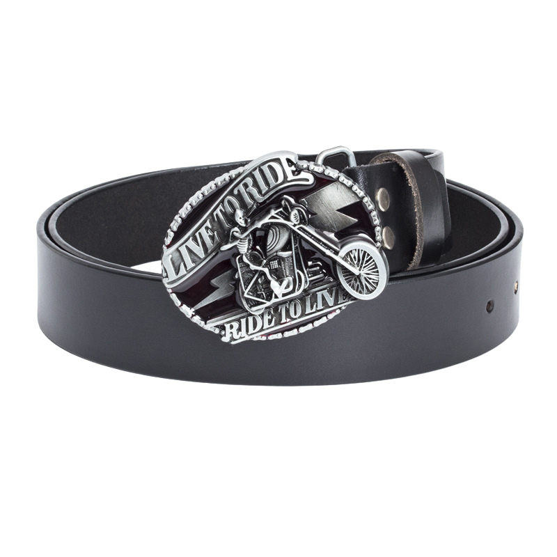Ceinture homme Clandestin 1 noire avec boucle ovale argentée ornée d'une tête de mort sur moto et de l'inscription "LIVE TO RIDE, RIDE TO LIVE".