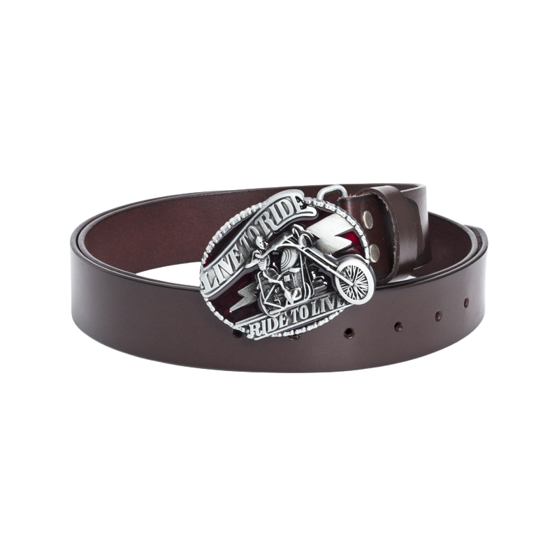 Ceinture pour homme Clandestin 1 en cuir marron foncé avec une boucle ovale argentée ornée d'une tête de mort sur moto et de l'inscription "LIVE TO RIDE, RIDE TO LIVE".