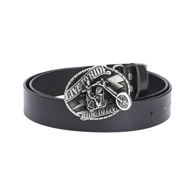 Ceinture Clandestin 1 noire pour homme avec boucle argentée ovale ornée d'un motif tête de mort sur moto et l'inscription "LIVE TO RIDE, RIDE TO LIVE".