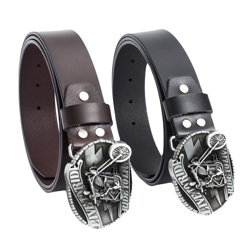 Ceinture pour homme Clandestin 1 en cuir marron et noir avec boucle ovale argentée ornée d'une tête de mort sur moto et l'inscription LIVE TO RIDE, RIDE TO LIVE.
