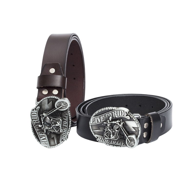 Ceinture Clandestin 1 pour homme avec boucle ovale ornée d'une tête de mort sur moto et inscription "LIVE TO RIDE, RIDE TO LIVE".