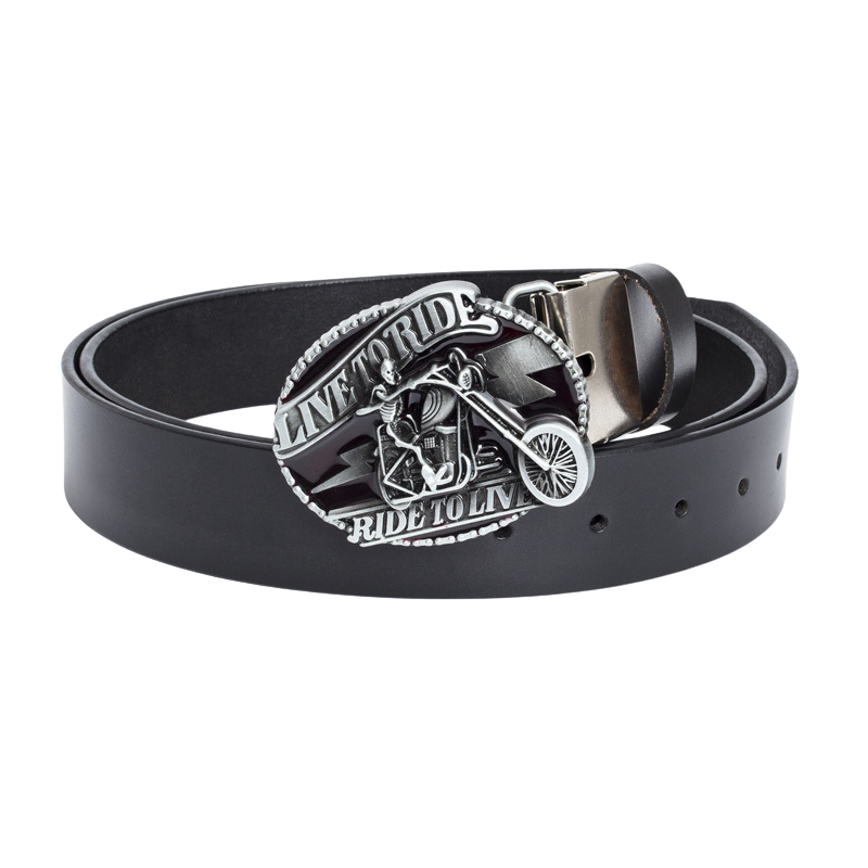 Ceinture Clandestin 2 homme en cuir noir avec boucle ovale argentée ornée d'une tête de mort sur moto et l'inscription LIVE TO RIDE, RIDE TO LIVE.