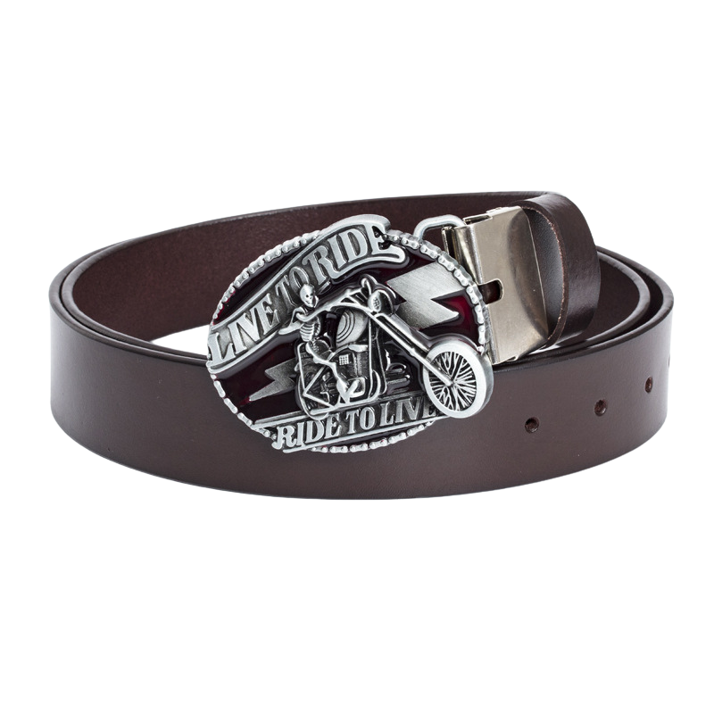 Ceinture homme Clandestin 2 en cuir marron avec boucle ovale argentée ornée d'une tête de mort sur moto et l'inscription "LIVE TO RIDE, RIDE TO LIVE".
