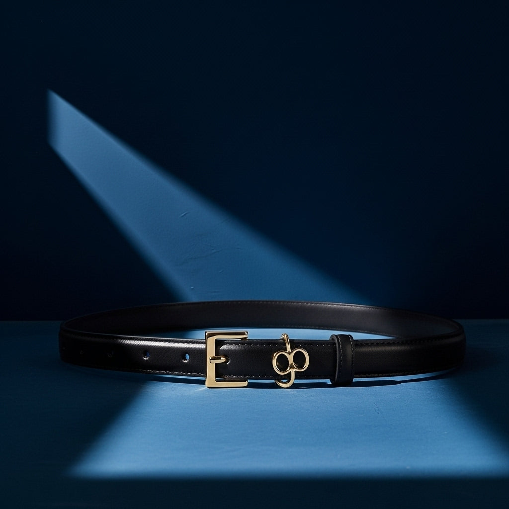 Ceinture femme Clara en cuir noir avec boucle rectangulaire dorée et détail décoratif métallique #fullwidth