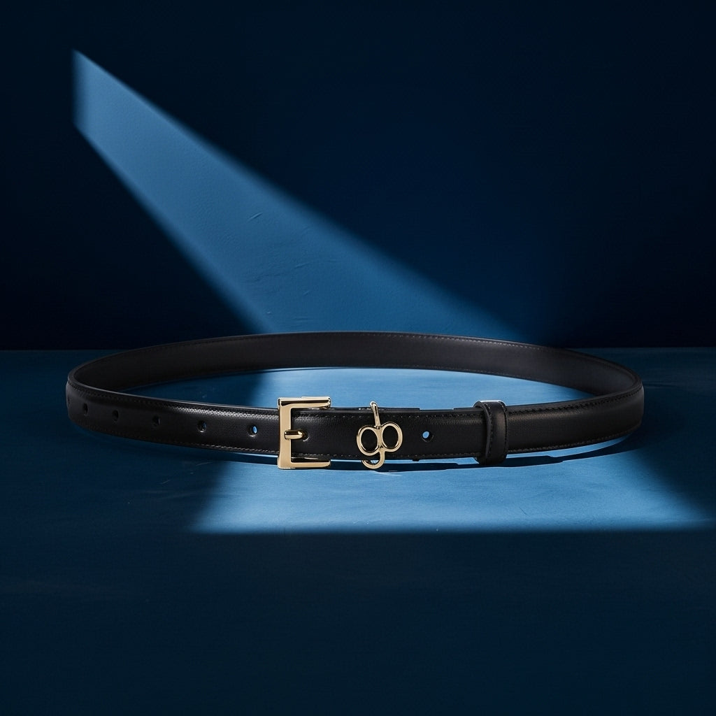 Ceinture fine en cuir noir pour femme, modèle Clara, avec une boucle rectangulaire dorée et un pendentif décoratif doré. #fullwidth