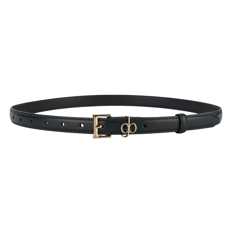 Ceinture femme Clara en cuir pleine fleur vert foncé avec boucle dorée et détail logo