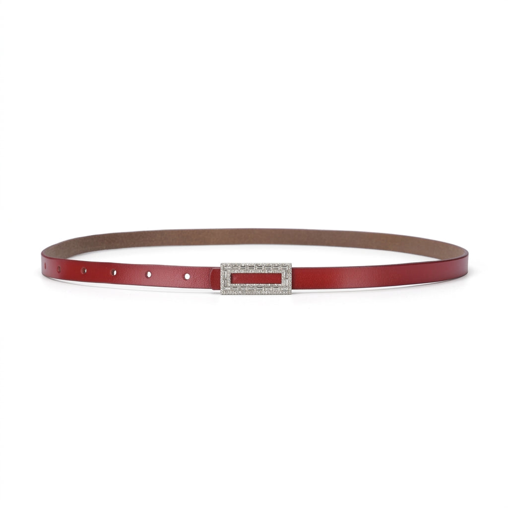 Ceinture fine pour femme Clarisse en cuir de vachette rouge lisse avec boucle ardillon rectangulaire ornée de strass scintillants