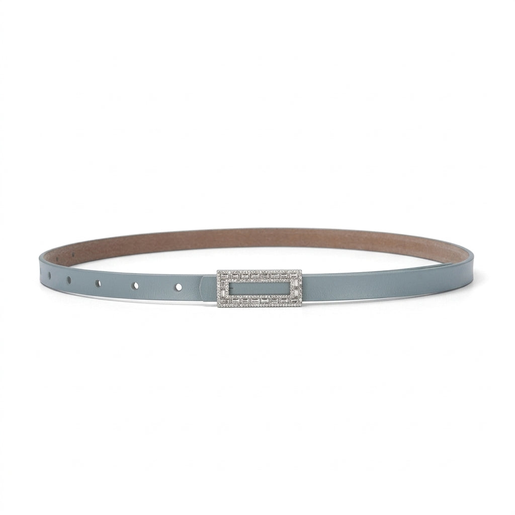 Ceinture fine pour femme Clarisse en cuir de vachette bleu avec boucle ardillon rectangulaire ornée de strass scintillants