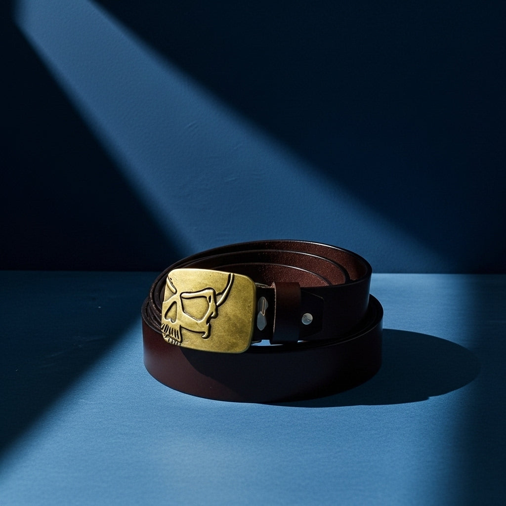 Ceinture Clémence pour homme en cuir marron avec une boucle rectangulaire dorée ornée d'un motif tête de mort gravée. #fullwidth