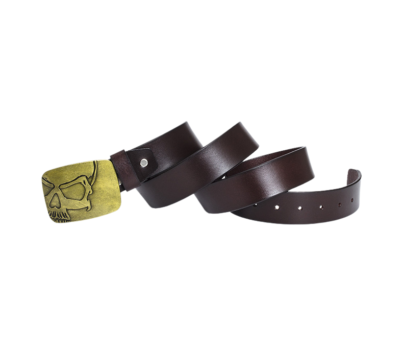 Ceinture Clémence homme marron avec boucle rectangulaire dorée ornée d'un motif tête de mort gravée.