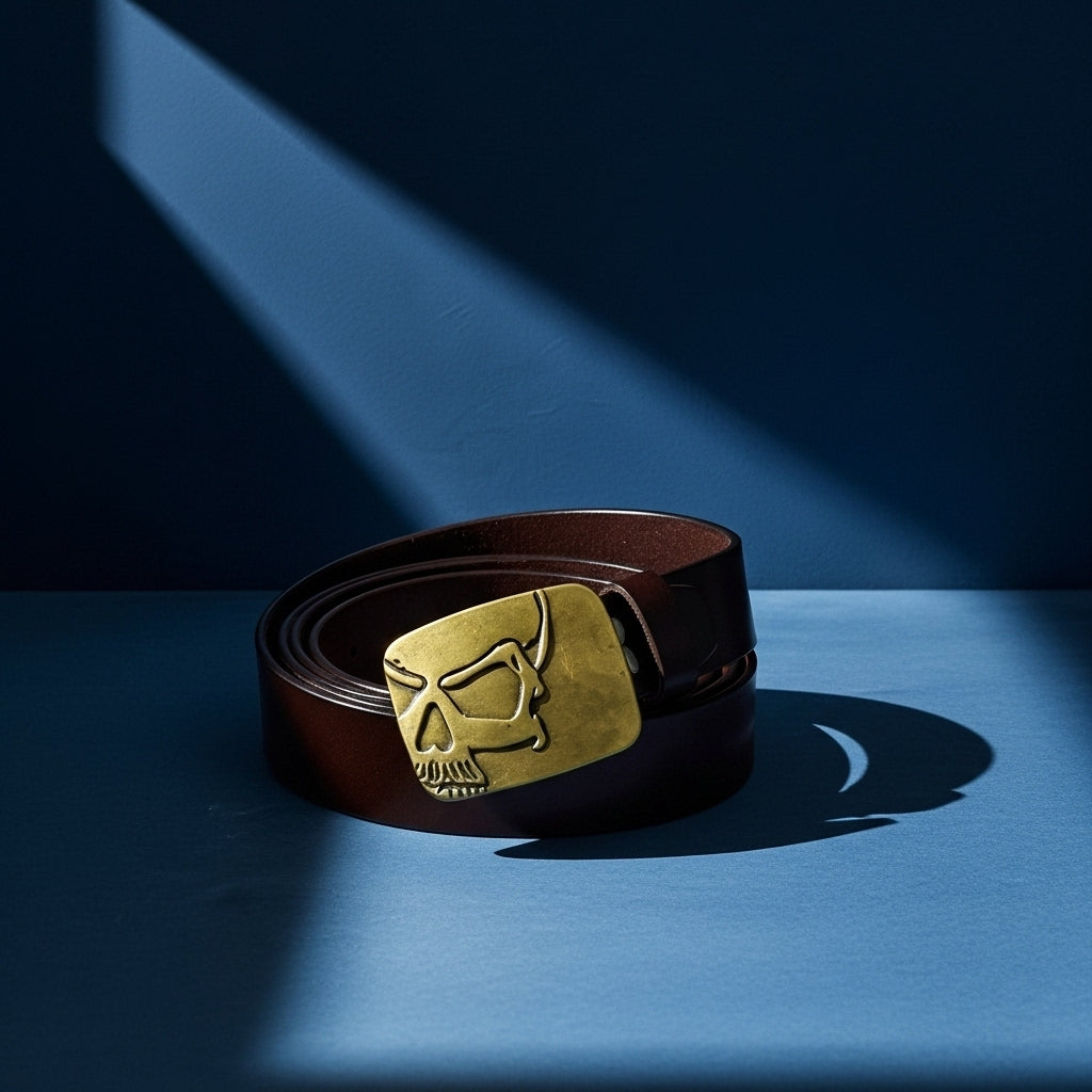 Ceinture Clémence pour homme en cuir refendu marron avec une boucle rectangulaire imposante en alliage doré ornée d'un motif tête de mort gravée. #fullwidth