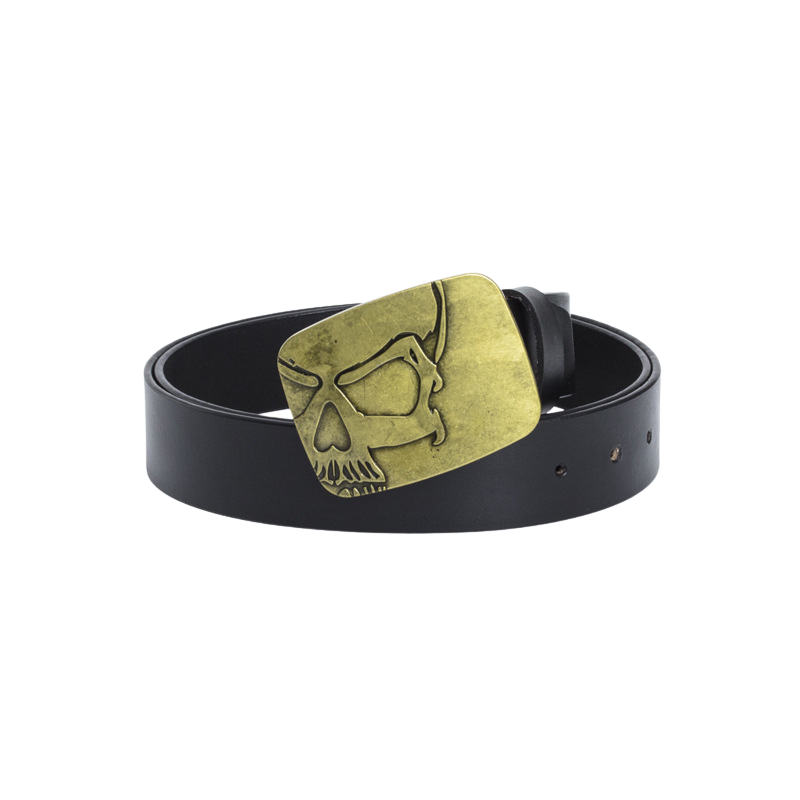 Ceinture Clémence pour homme en cuir noir avec boucle rectangulaire dorée ornée d'un motif tête de mort gravée.