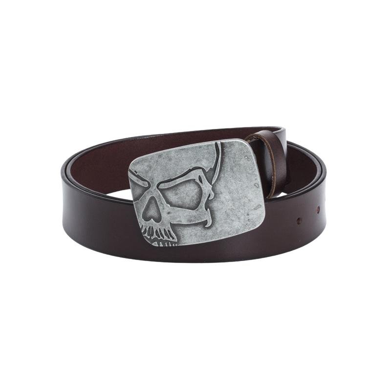 Ceinture Clémence pour homme en cuir marron avec une boucle argentée ornée d'un motif tête de mort.