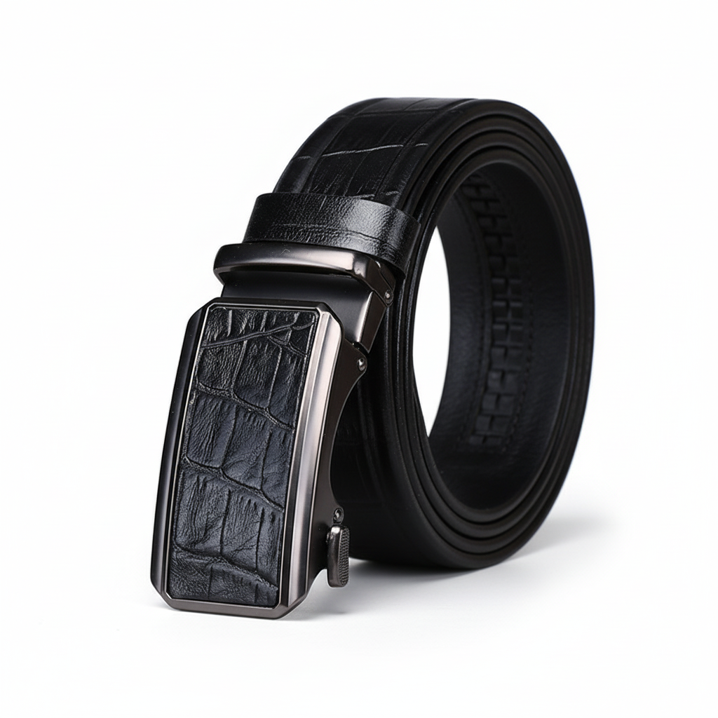 Ceinture pour homme Clémentin en cuir noir avec motif crocodile embossé et boucle automatique rectangulaire en alliage.