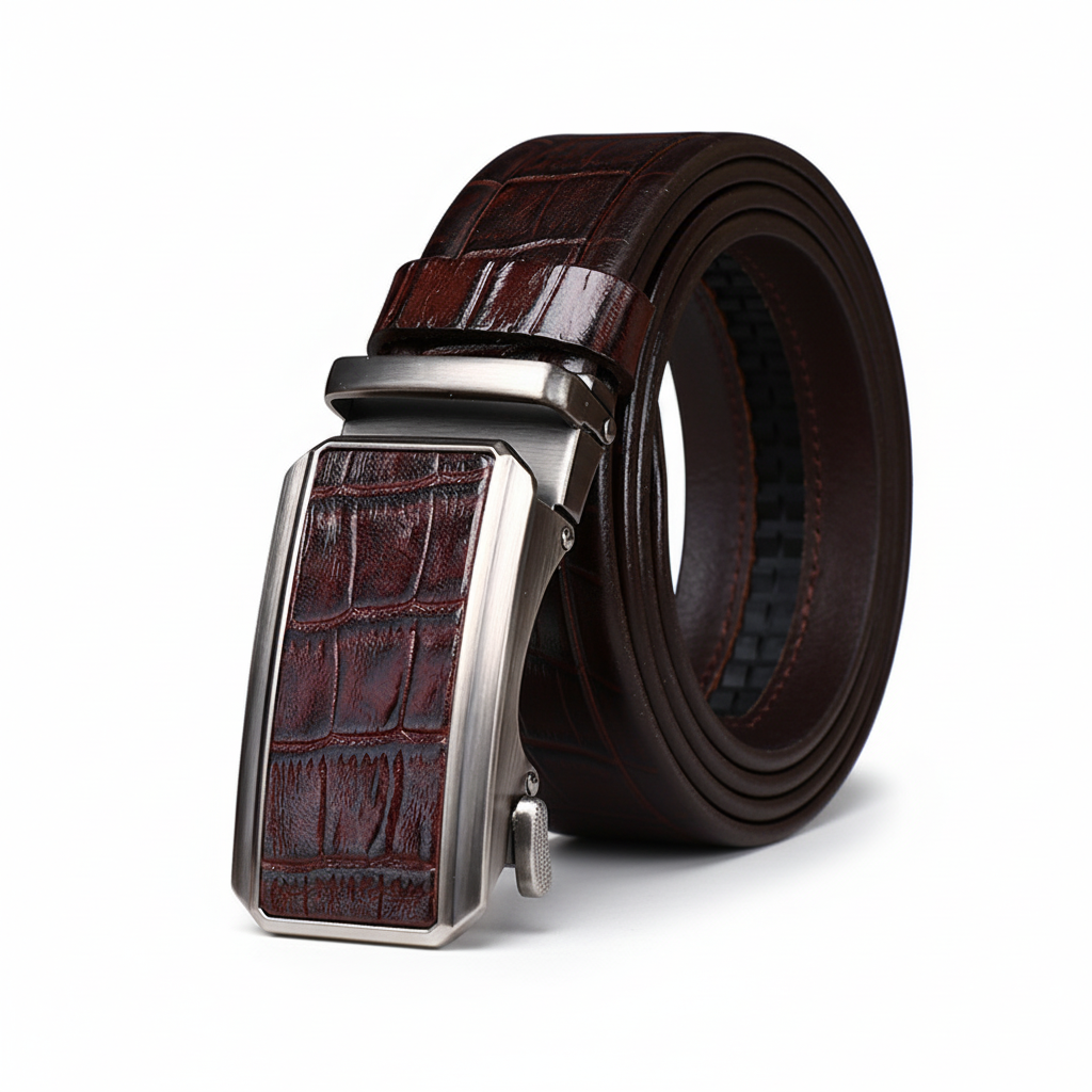 Ceinture Clémentin en cuir marron avec motif crocodile embossé et boucle automatique argentée.
