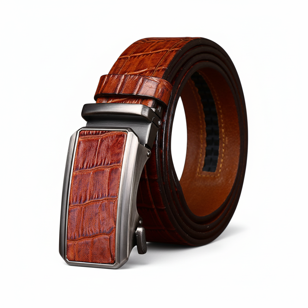 Ceinture Clémentin en cuir marron effet crocodile avec boucle automatique rectangulaire en alliage