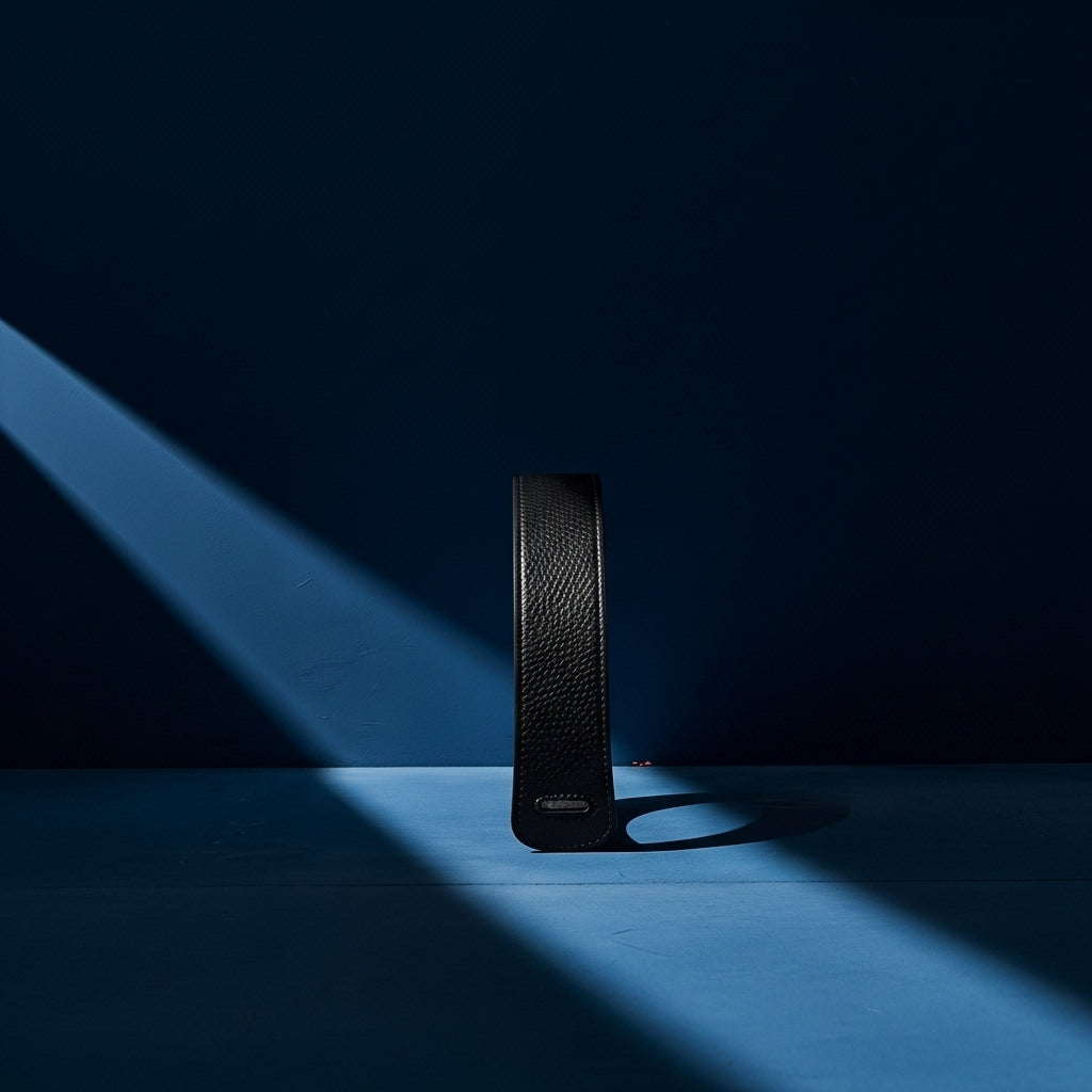 Ceinture Clotilde noire en cuir grainé pour femme, avec une boucle à nouer discrète, présentée sur un fond bleu. #fullwidth