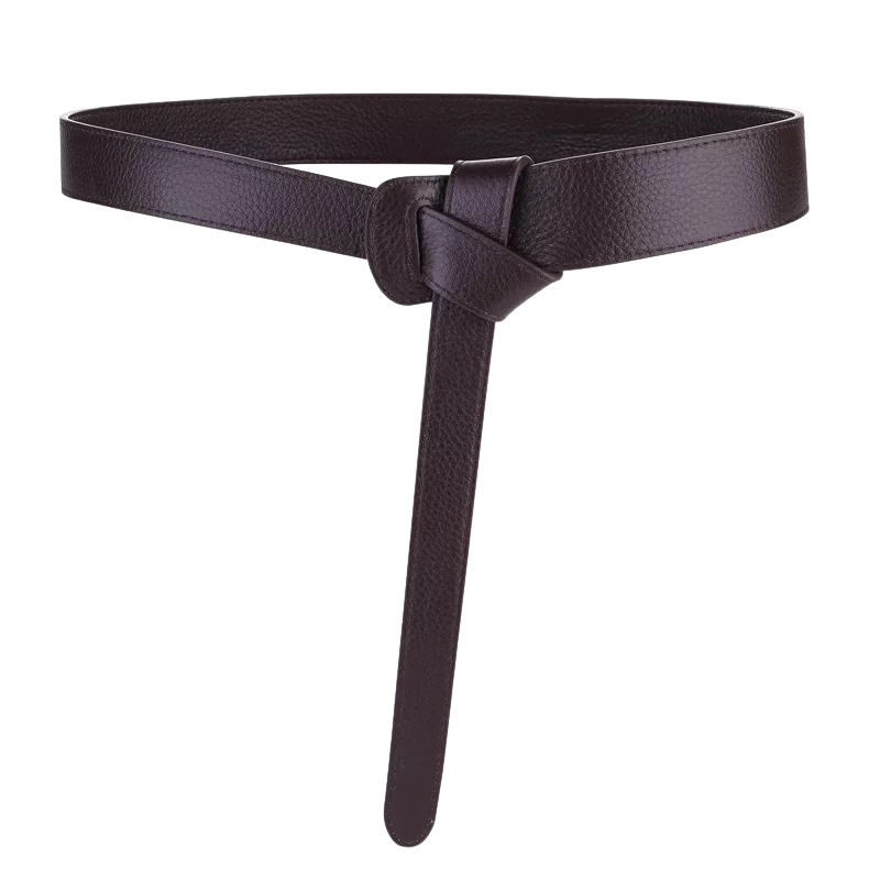 Ceinture femme Clotilde en cuir grainé marron café, avec un nœud décoratif et une boucle à nouer. Largeur 2.5 cm. #fullwidth
