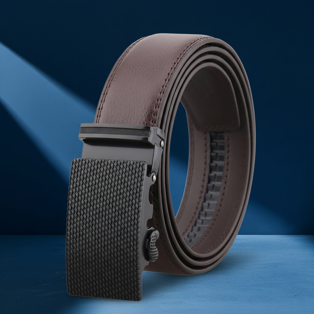 Ceinture homme Cocteau en cuir marron avec boucle automatique rectangulaire et lanière texturée #fullwidth