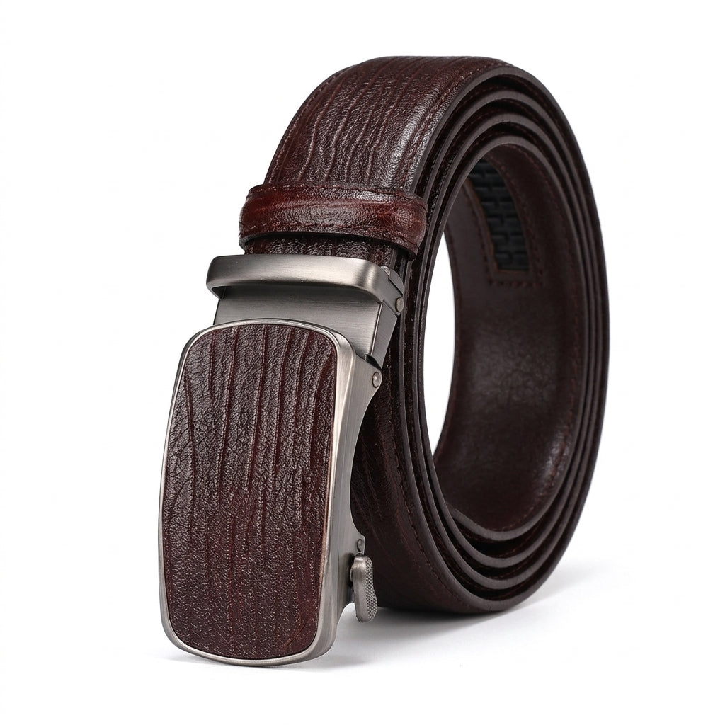 Ceinture homme Colbert en cuir pleine fleur marron avec boucle automatique rectangulaire argentée et insert texturé
