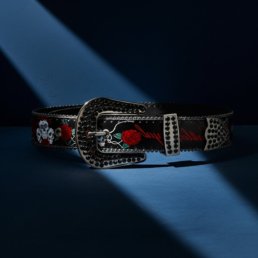 Ceinture Colette pour homme en simili cuir noir ornée de motifs de têtes de mort et de roses rouges, avec une boucle ardillon cloutée et des clous décoratifs sur les bords. #fullwidth
