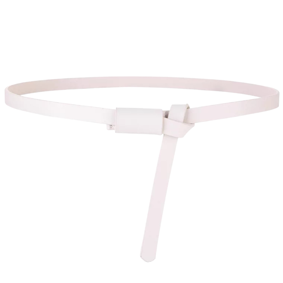 Ceinture fine blanche Colmar pour femme, en cuir pleine fleur avec finition daim lisse, se nouant à la taille sans boucle ni trous.