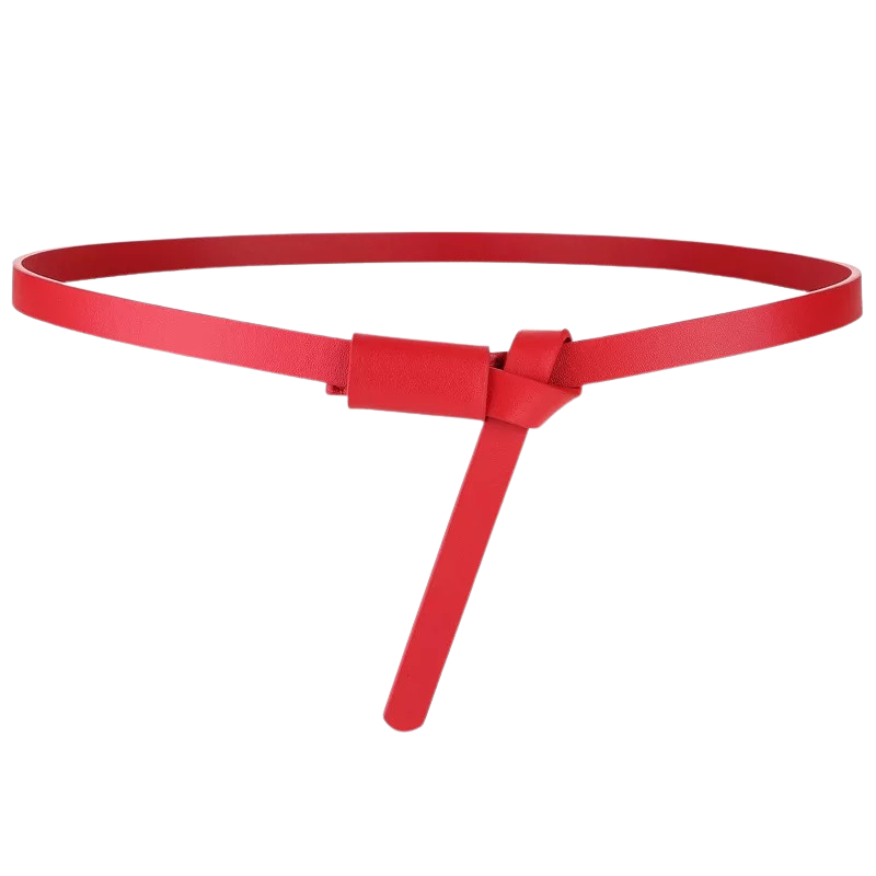Ceinture fine rouge Colmar pour femme en cuir pleine fleur, avec un nœud à la taille sans boucle ni trou.