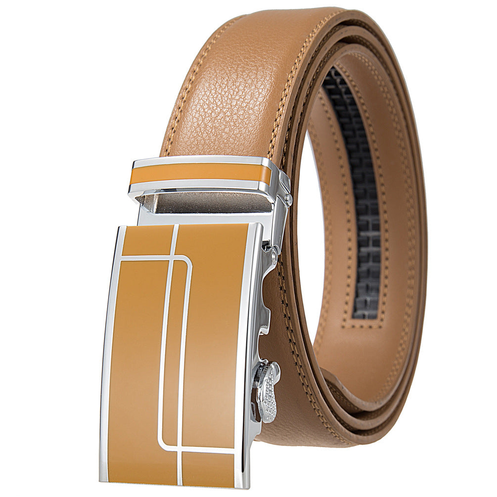 Ceinture homme Concorde 20 en cuir beige avec boucle automatique argentée et motifs linéaires