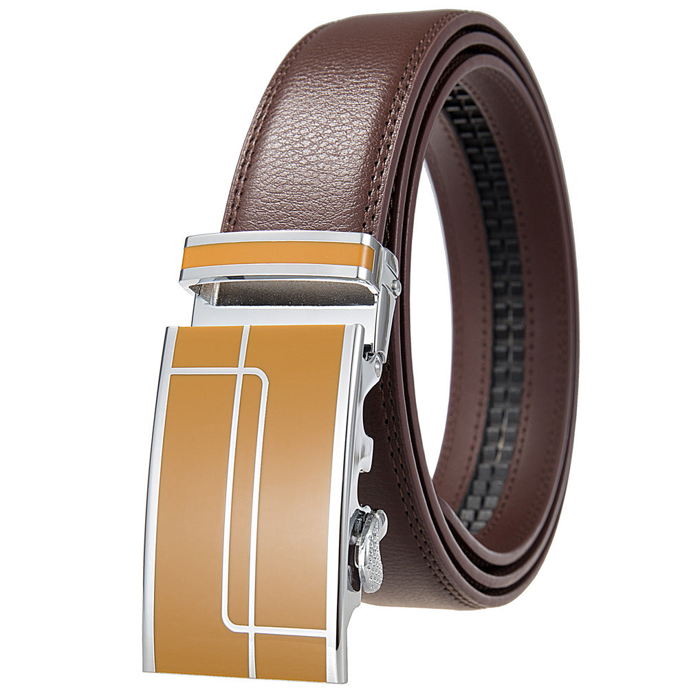 Ceinture homme Concorde 20 marron avec boucle automatique argentée et détail beige. Cuir de vachette refendu.