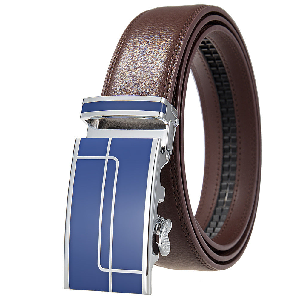 Ceinture homme Concorde 20 en cuir marron avec boucle automatique argentée et détails bleus, largeur 3,5 cm.