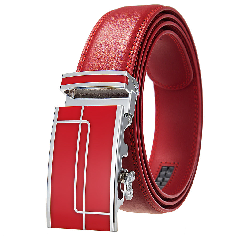 Ceinture homme Concorde 20 rouge en cuir de vachette avec boucle automatique argentée et motifs linéaires rouges.
