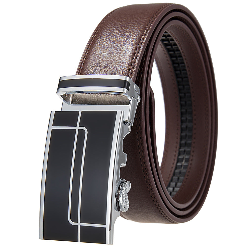 Ceinture homme Concorde 20 en cuir marron avec boucle automatique argentée et noire à motifs rectilignes