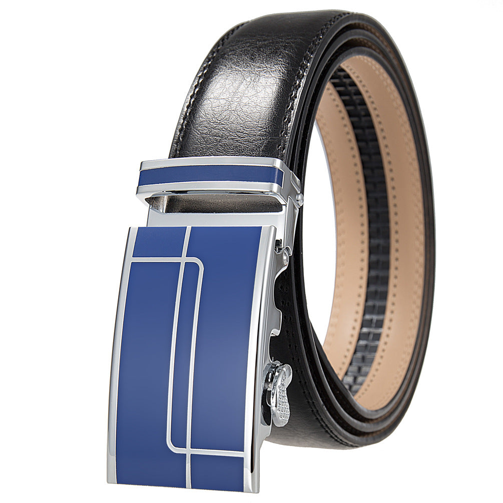 Ceinture homme Concorde 60 en cuir noir avec boucle automatique argentée et insert bleu orné de couleur bleu. #fullwidth