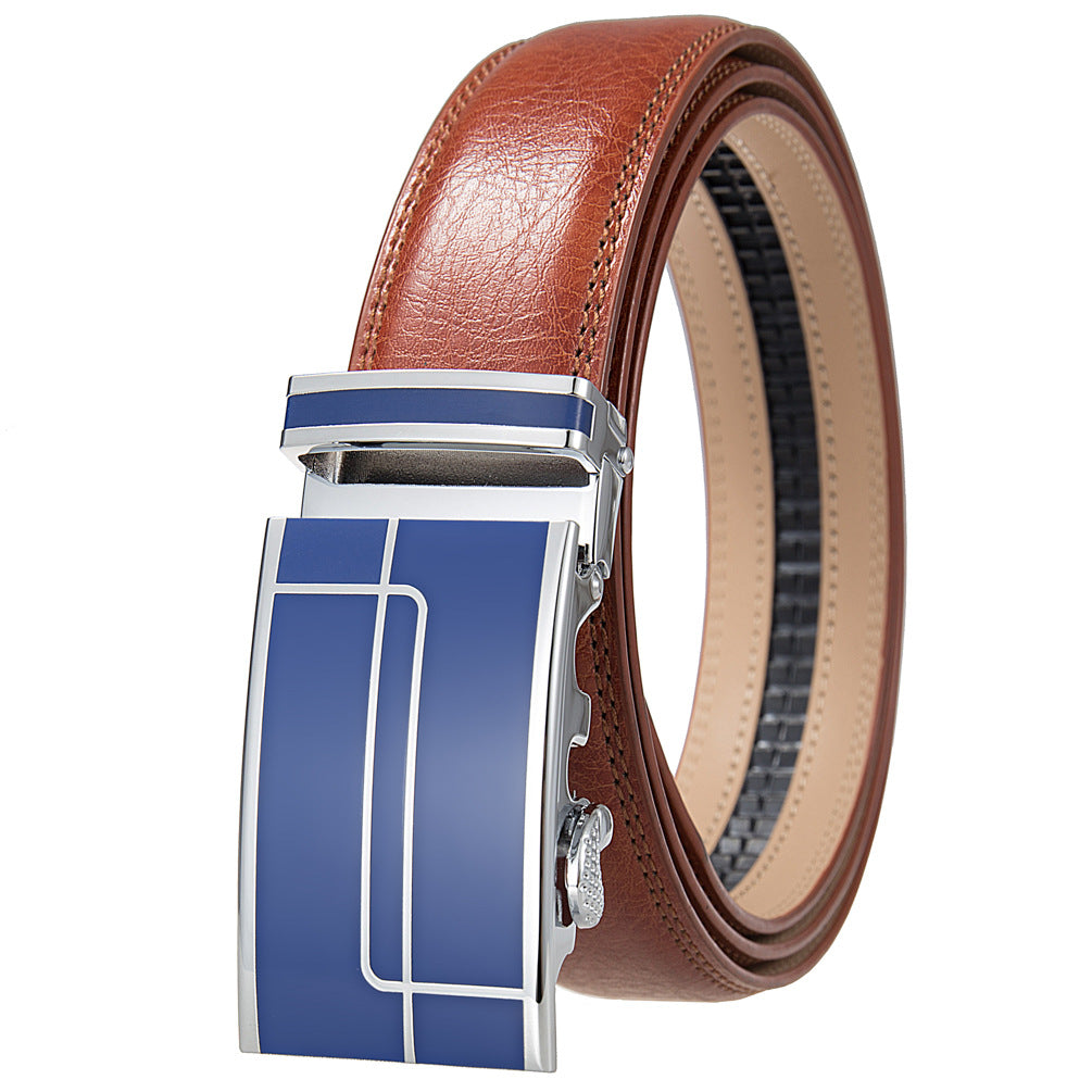 Ceinture homme Concorde 60 en cuir marron clair avec boucle automatique argentée et insert bleu aux motifs géométriques.