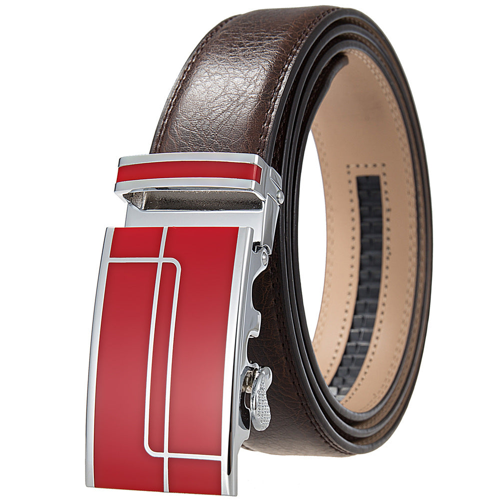 Ceinture homme Concorde 60 en cuir marron avec boucle rectangulaire argentée et insert rouge aux motifs linéaires élégants.
