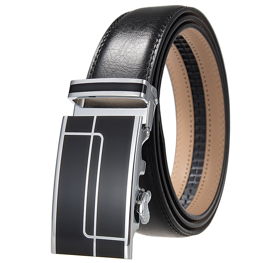 Ceinture homme Concorde 60 en cuir noir avec boucle rectangulaire argentée et motifs linéaires noirs