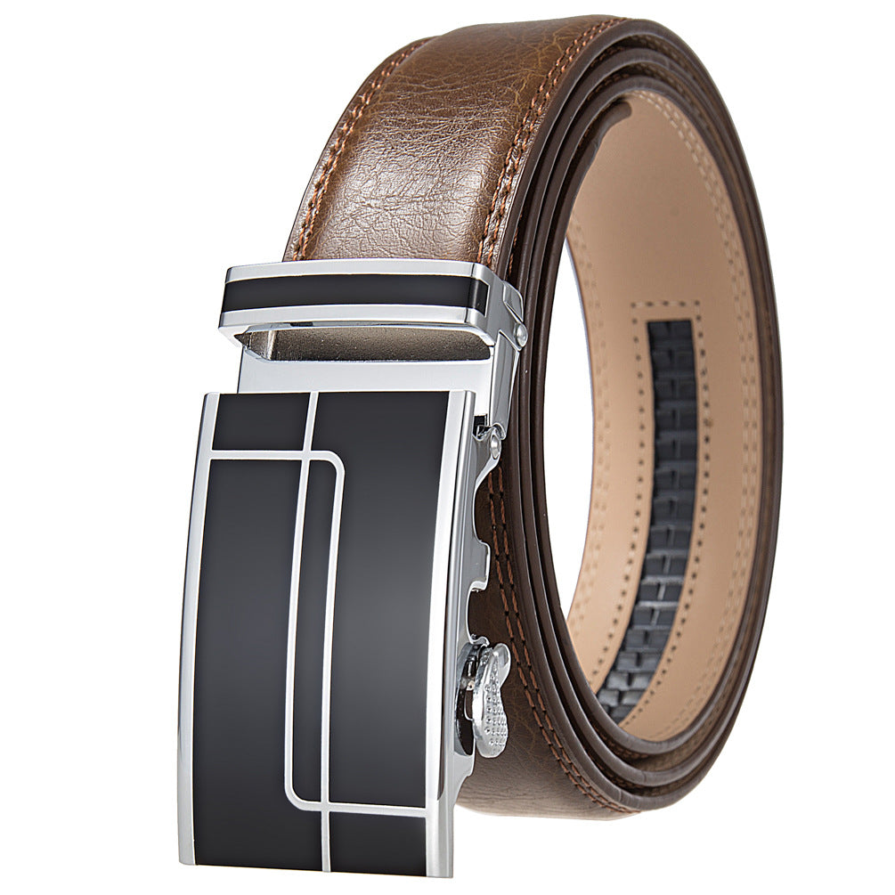 Ceinture homme Concorde 60 en cuir marron avec boucle automatique argentée et noire à motifs linéaires.