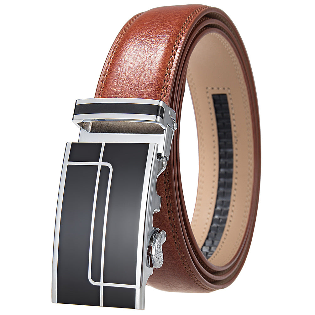 Ceinture homme Concorde 60 en cuir marron clair avec boucle automatique rectangulaire argentée et noire ornée de motifs linéaires.