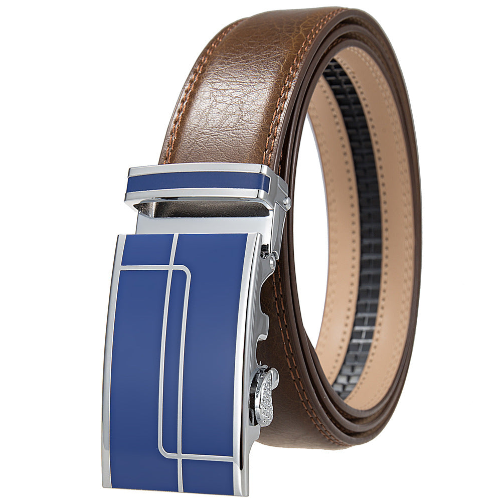 Ceinture homme Concorde 60 en cuir marron avec boucle rectangulaire argentée et insert bleu orné de motifs linéaires.